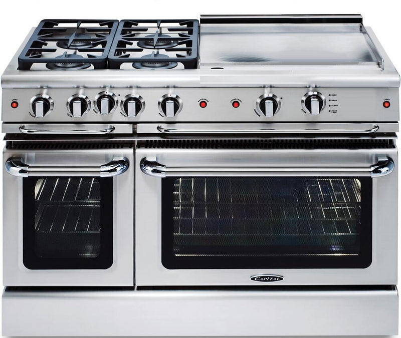 Capital 48" Precision Series Freestanding Gas Range with 6.9 cu. ft. Total Capacity Self Clean Double Oven in Stainless Steel (GSCR488) Ranges Capital Natural Gas 4 Sealed Burners and 24" Griddle 