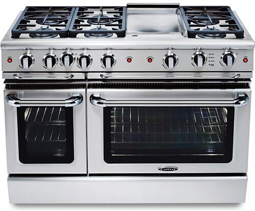 Capital 48" Precision Series Freestanding Gas Range with 6.9 cu. ft. Total Capacity Self Clean Double Oven in Stainless Steel (GSCR488) Ranges Capital Natural Gas 6 Sealed Burners and 12" Griddle 
