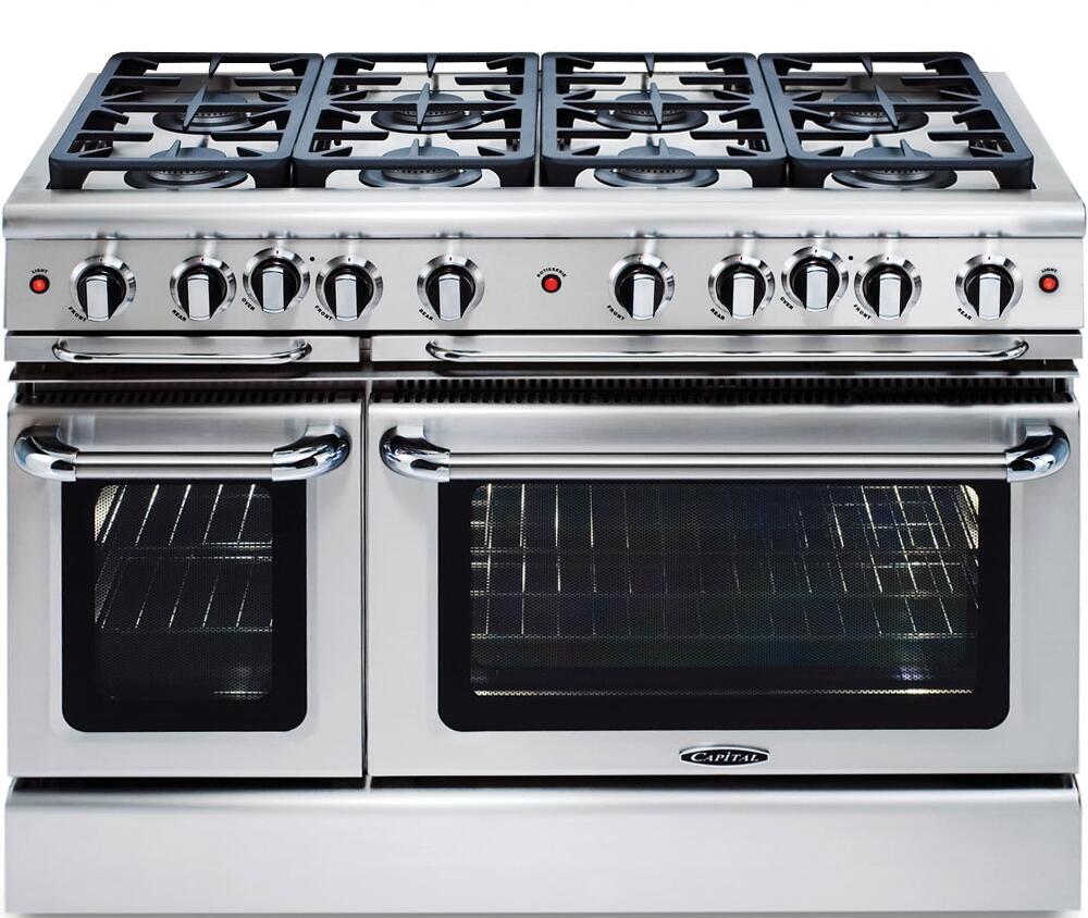Stainless freestanding gas range with four burners and double oven doors