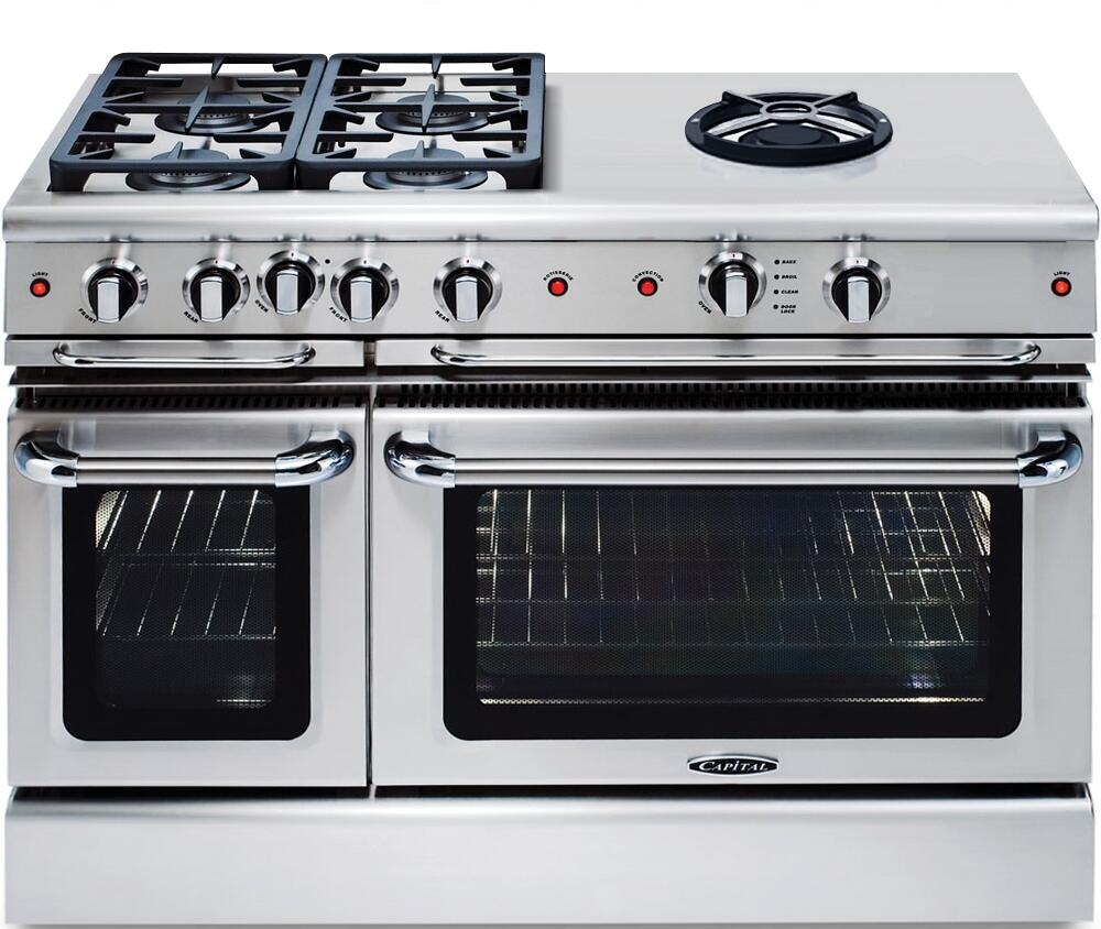 Freestanding gas range front with six knobs, burner grates, two oven doors