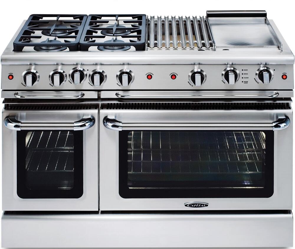 Stainless steel freestanding gas range front with dual oven doors and control knobs