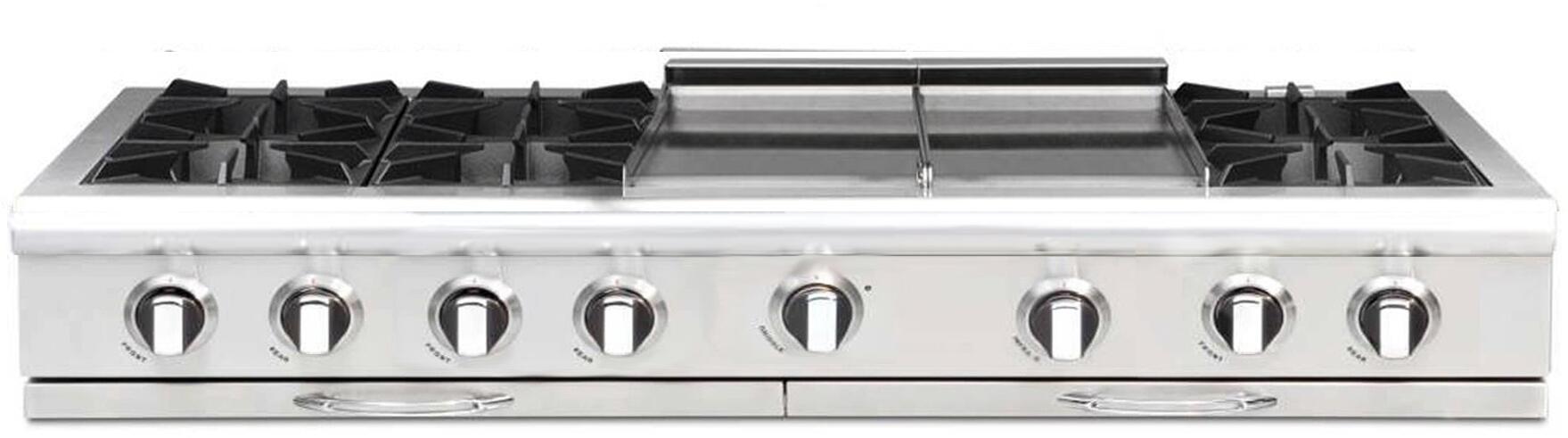 Stainless steel gas rangetop with front control knobs and 6 burner grates