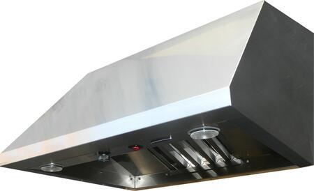 Stainless steel ducted range hood interior with halogen lights and baffles