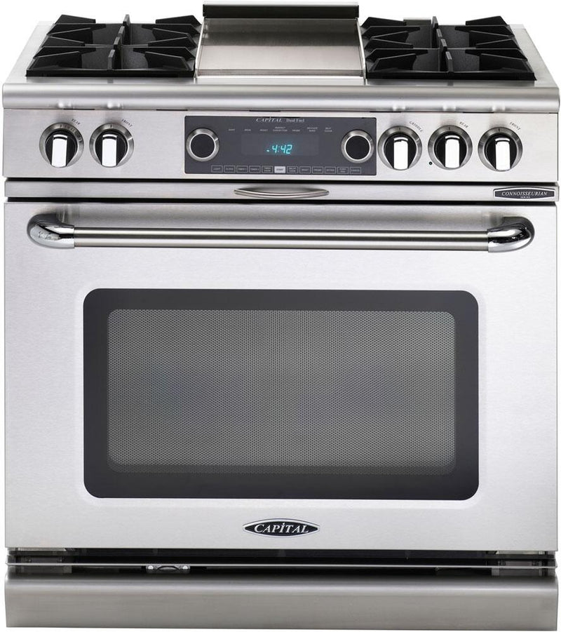 Capital Connoisseurian Series 36" Freestanding Dual Fuel Range with 6 Open Burners, 5.4 cu. ft. Electric Oven, Grill and Griddle Options, in Stainless Steel (COB366) Ranges Capital Natural Gas 4 Open Burners & Griddle 