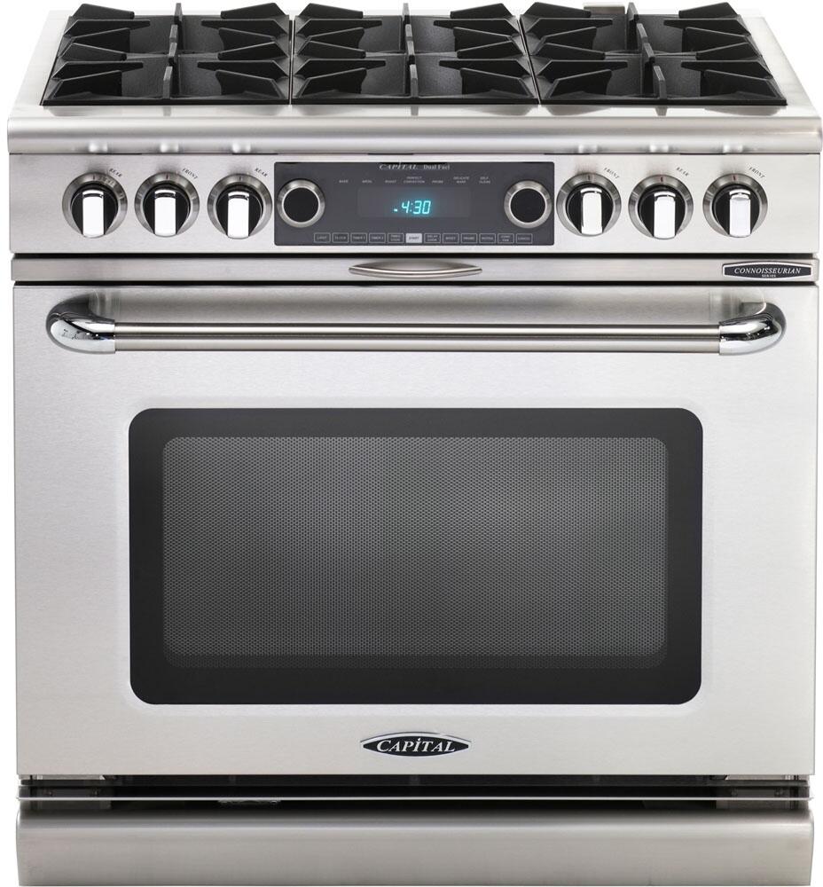 Stainless dual fuel range front with knob controls and large oven door window