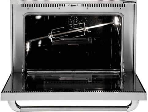 Open oven with broil rack inside and oven cavity lighting