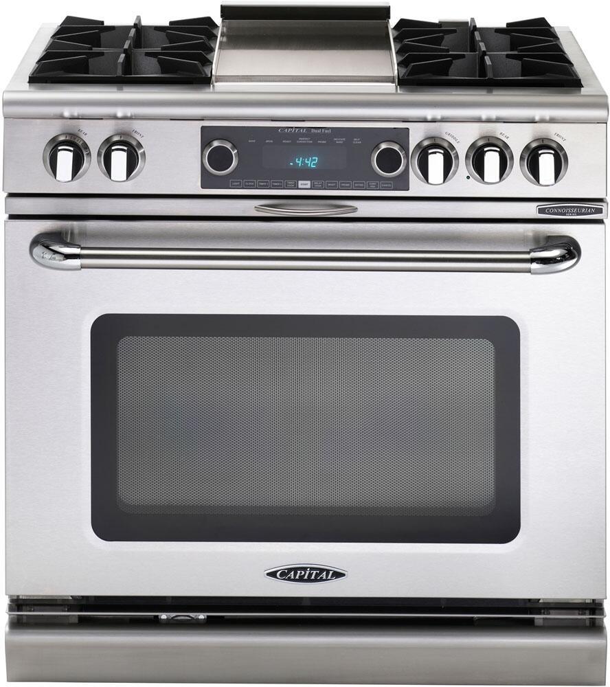 Freestanding stainless dual fuel range with knob controls and viewing window