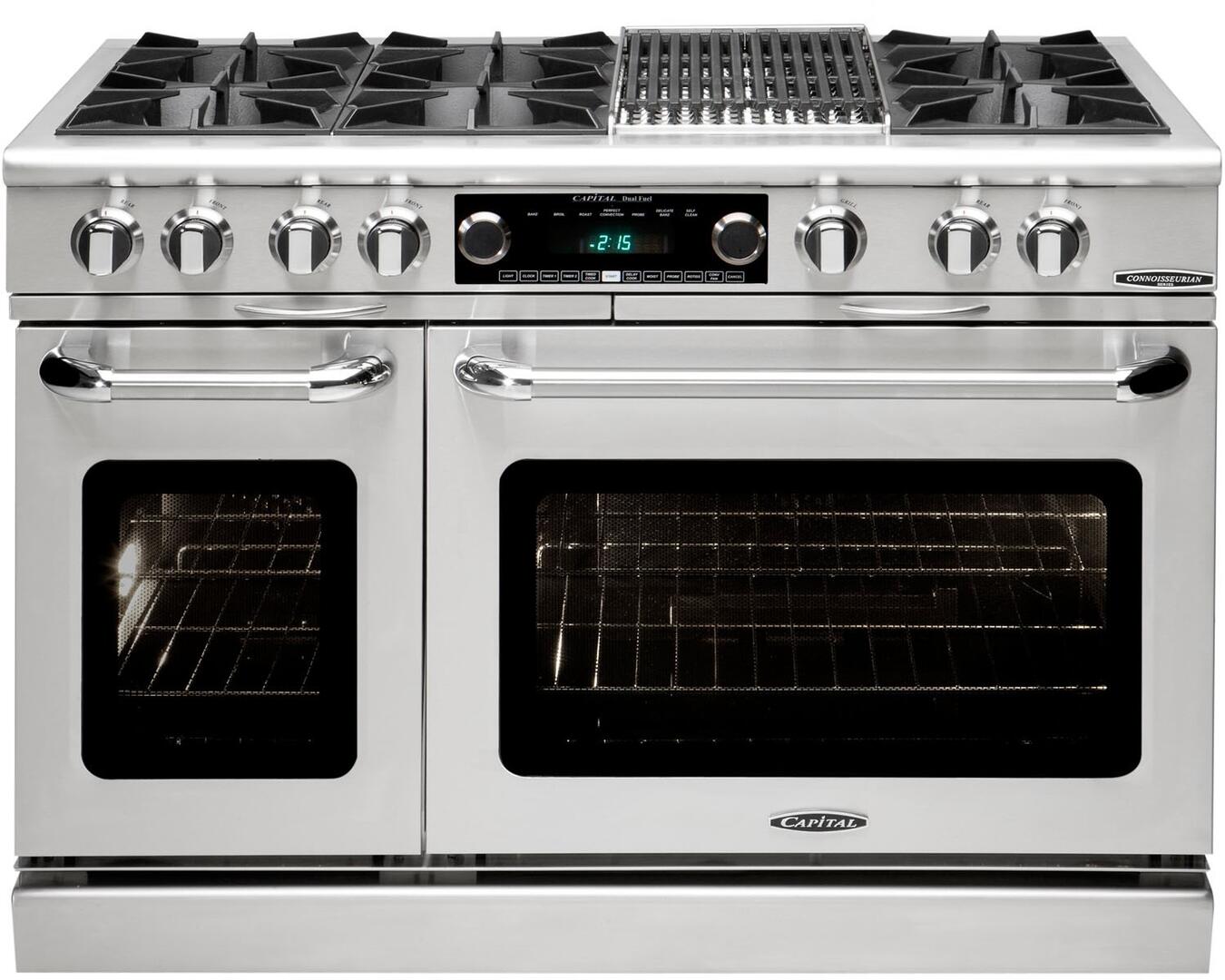 Stainless steel freestanding dual fuel range with dual electric ovens and stovetop grates