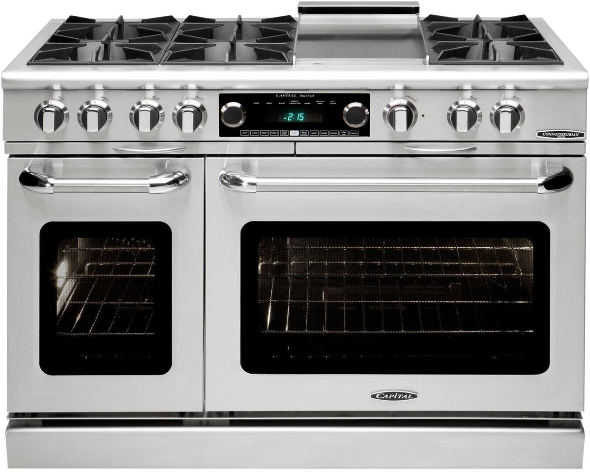 Stainless steel freestanding dual fuel range with dual electric ovens and control knobs