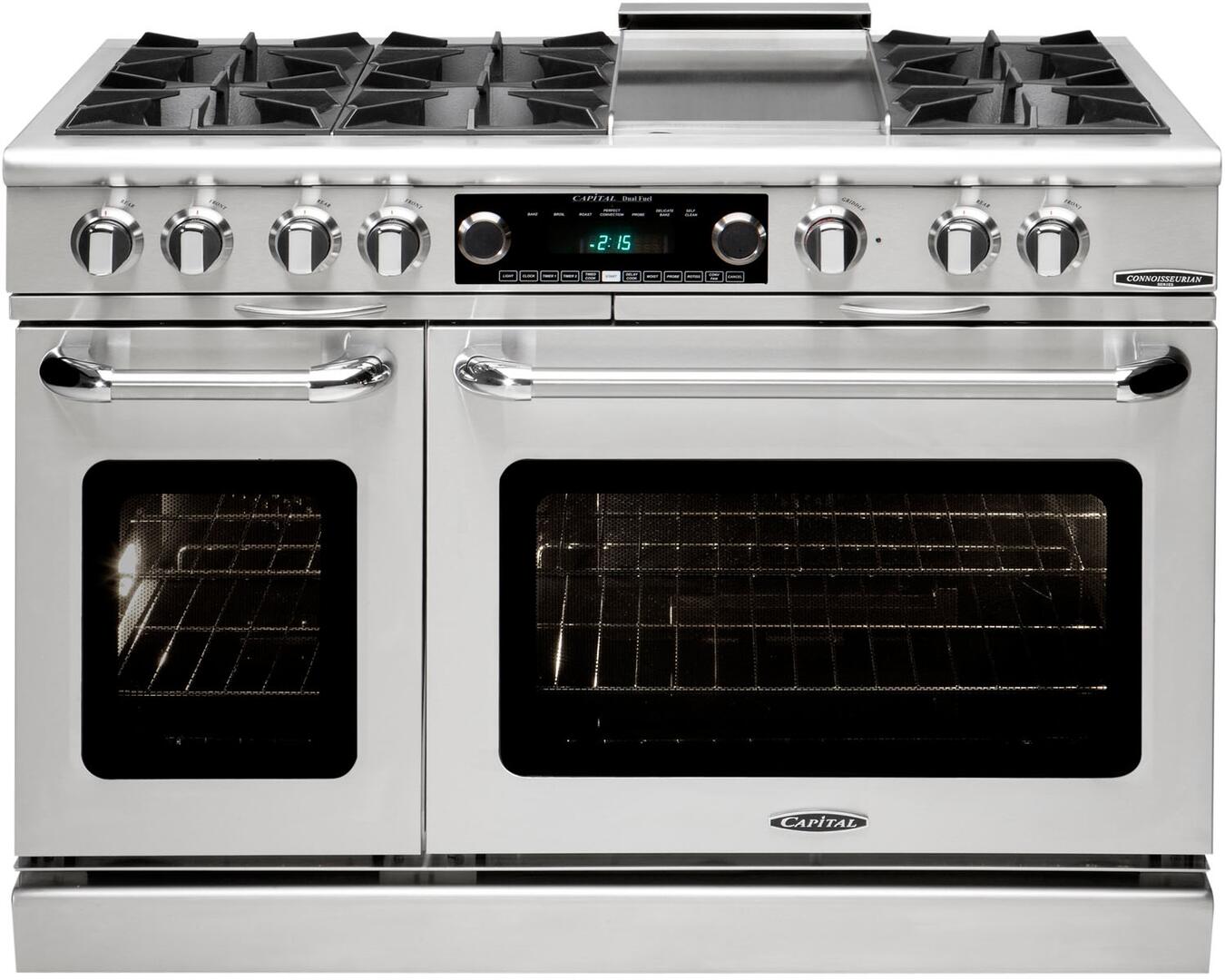 Stainless steel dual fuel range with burner knobs and two oven doors