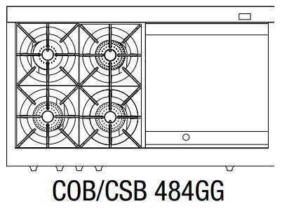 Line diagram of 48-inch dual fuel range layout with burner zones