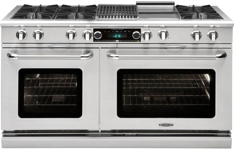 Capital Connoisseurian Series 60" Freestanding Dual Fuel Range with 9 cu. ft. Total Capacity Double Electric Ovens in Stainless Steel (COB604BG2) Ranges Capital Natural Gas 6 Open Burners Griddle & Grill 
