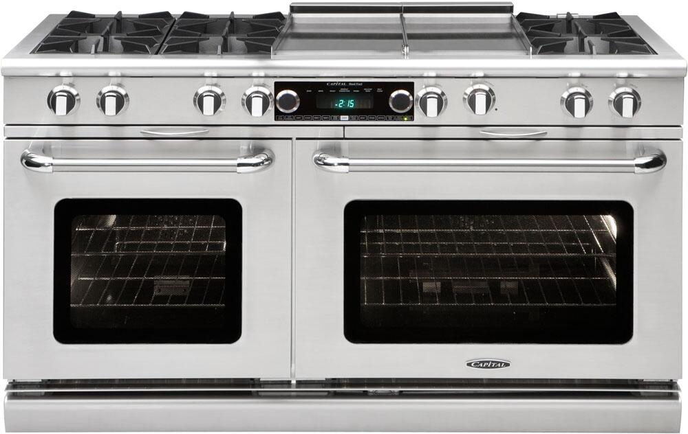 Freestanding stainless steel dual oven range with top grates and front oven doors
