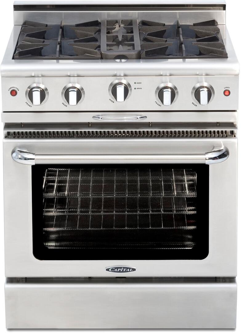 Stainless steel freestanding gas range with 5 burners and oven window
