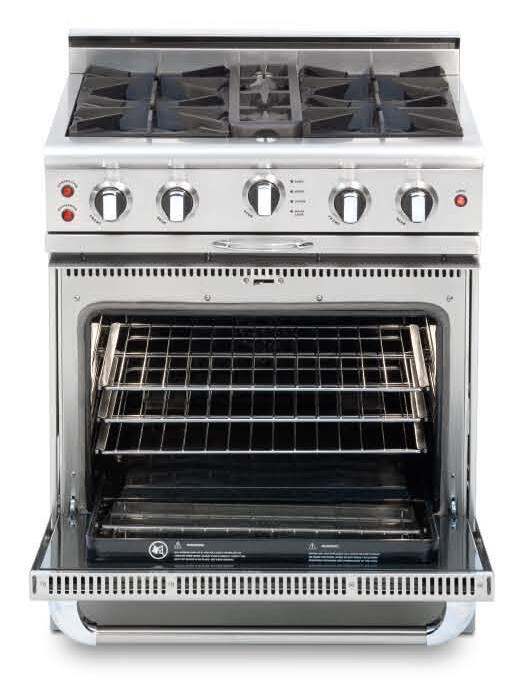 Stainless steel freestanding gas range, four open burners and front control knobs