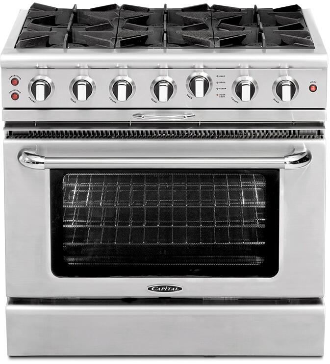Stainless steel freestanding gas range with six open burners and control knobs