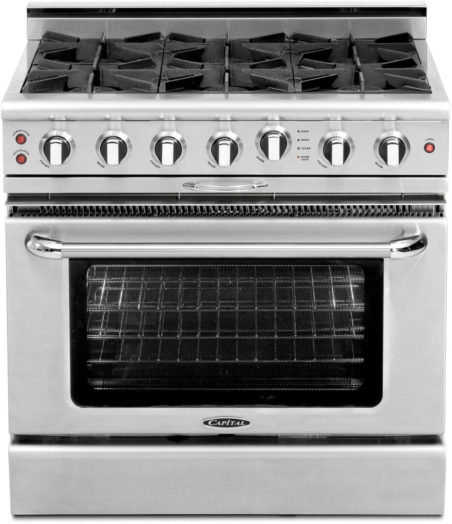 Stainless steel freestanding gas range with 6 open burners and large oven window