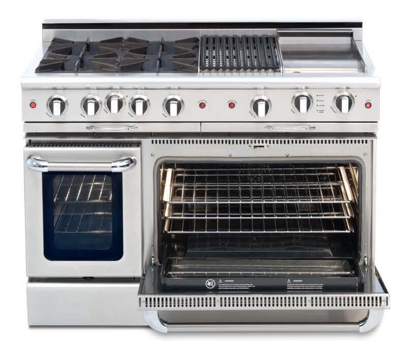 Stainless gas range with two open ovens and control knobs on the back panel
