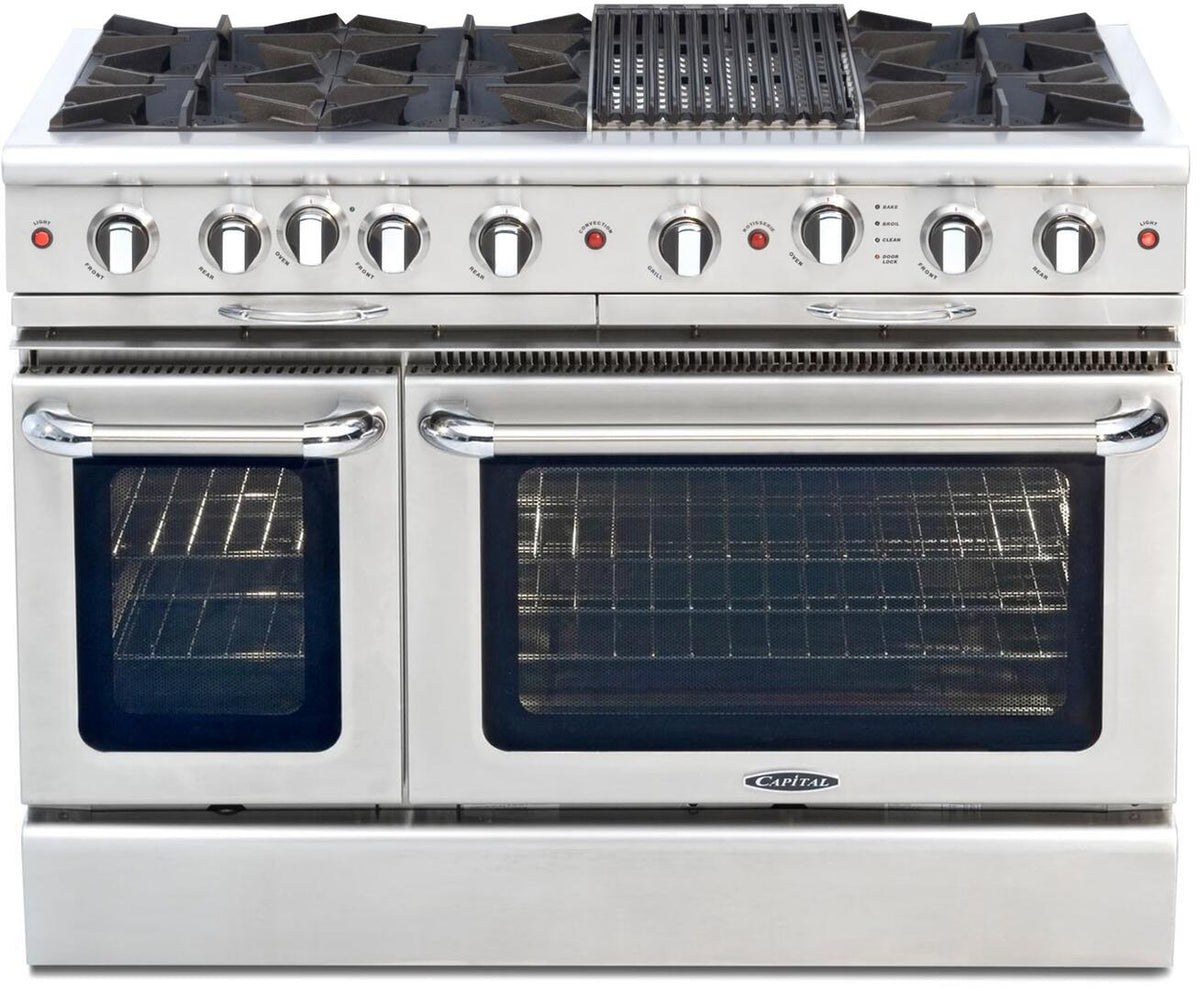 Stainless steel gas range with double oven doors, glass windows, and burner grates