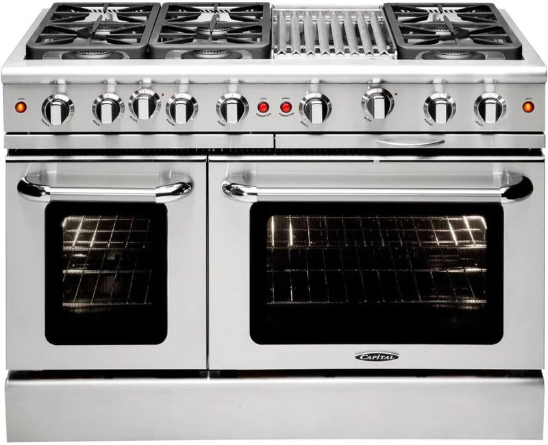 Capital Precision Series 48" Freestanding All Gas Range with 8 Sealed Burners, Optional Griddle/Grill, 4.9 cu. ft. Total Capacity Double Oven in Stainless Steel (MCR488) Ranges Capital Natural Gas 6 Sealed Burners and Grill 
