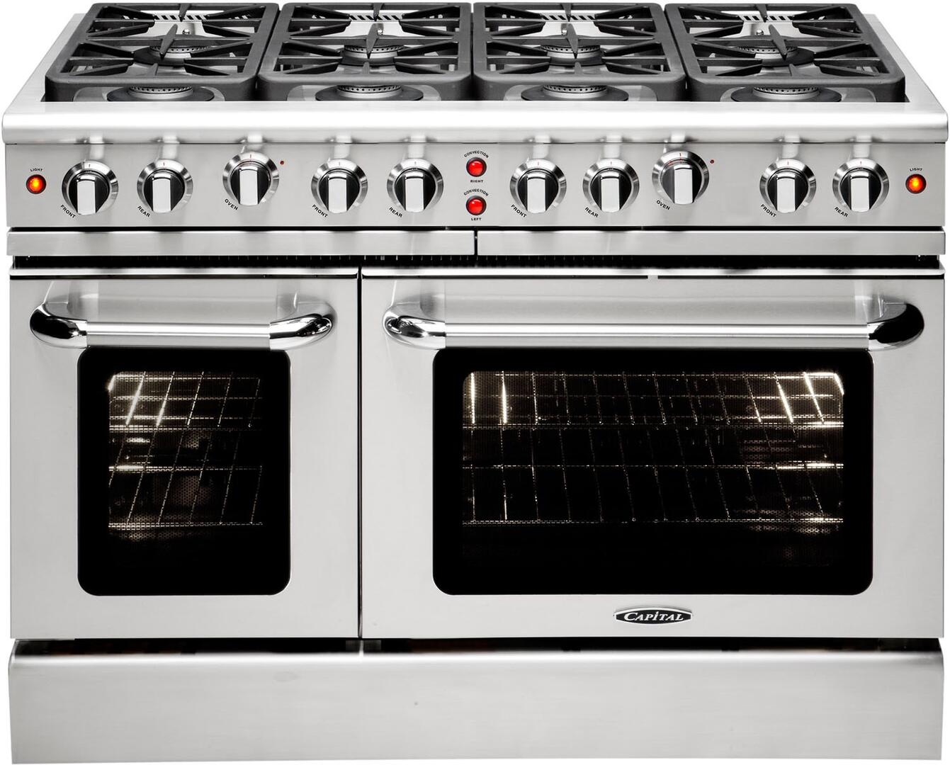 Stainless gas range with 8 burners and two oven doors, front view