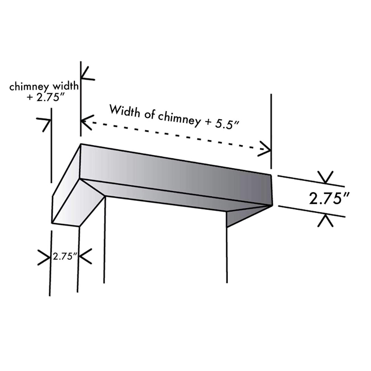 Crown molding dimension diagram for wall range hood: 2.75" height and width