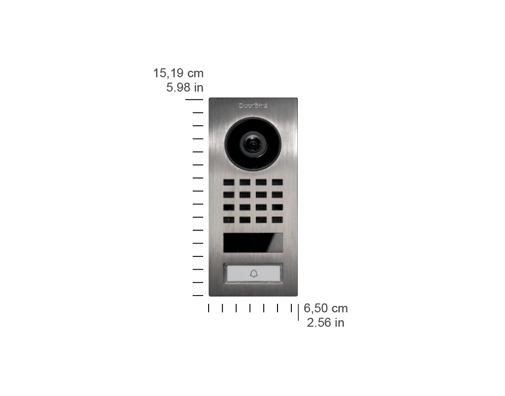 DoorBird stainless steel surface-mount video intercom with camera lens and call button