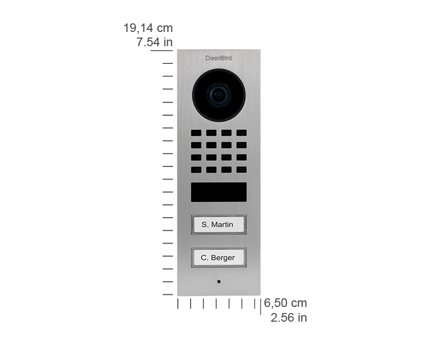 Stainless steel IP video door station side profile with camera and two nameplate call buttons