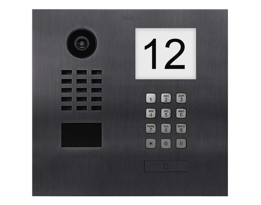 Titanium IP video door station front view with camera, keypad, and 12 indicator