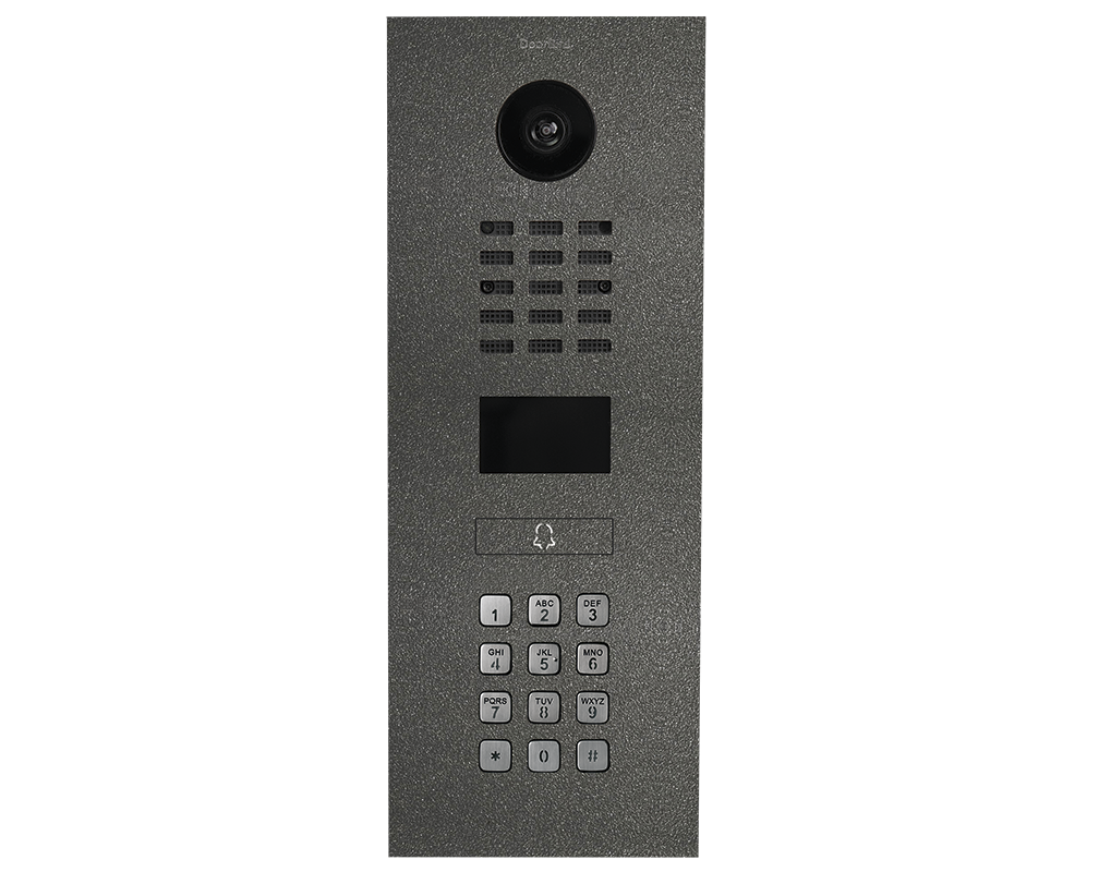 DoorBird video intercom front panel with camera lens and numeric keypad plus call button display