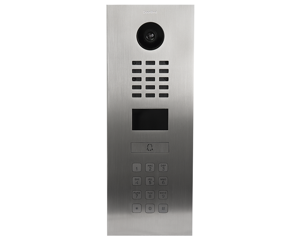 Brushed stainless steel DoorBird video intercom panel with camera lens and keypad