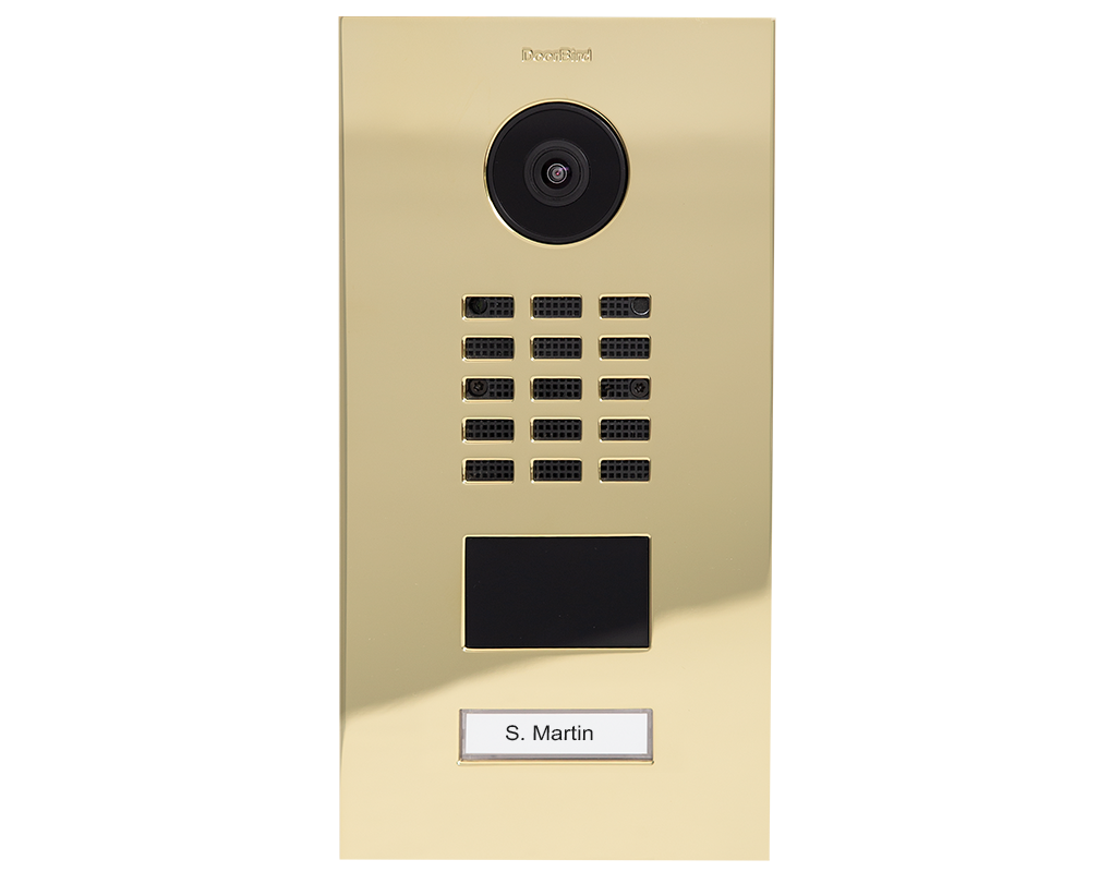 Brass IP video door station front view with camera, keypad matrix, and call button