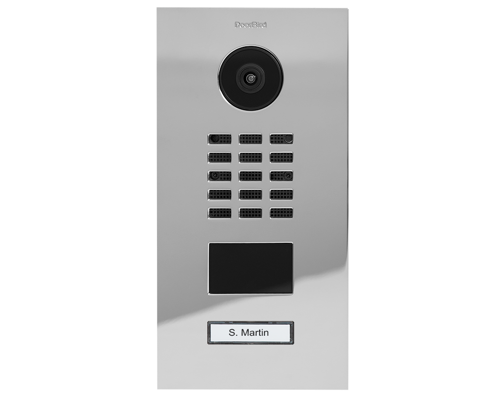 Chrome IP video door station front panel with camera, keypad buttons, and door label