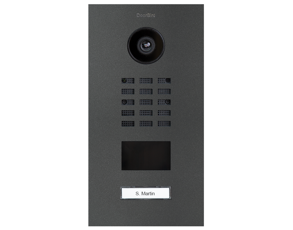 DoorBird stainless steel video door station front panel with round camera lens and call keypad