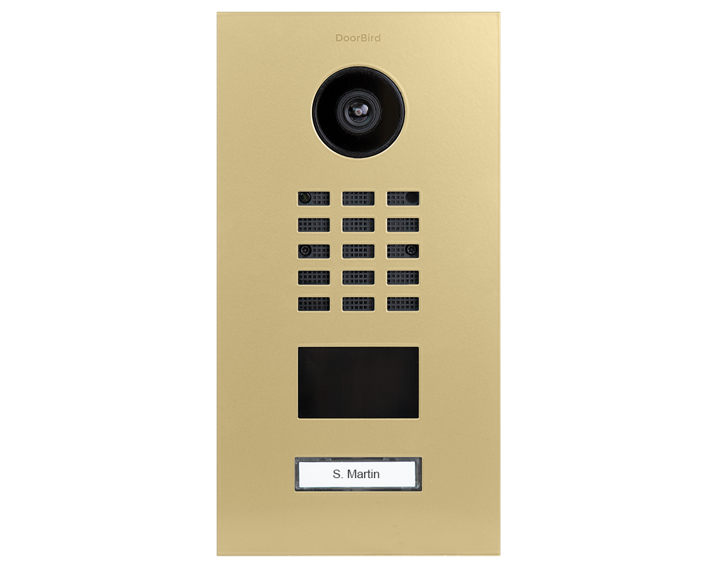Beige DoorBird IP video door station with camera, keypad, screen panel, and nameplate
