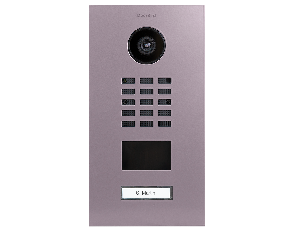 Pastel violet DoorBird video door station front view with camera lens, keypad grid, screen