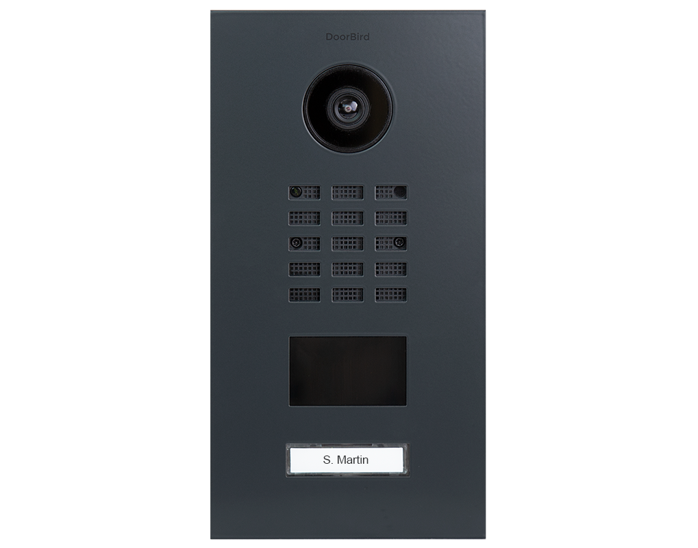Anthracite grey IP video door station with camera, keypad and display window