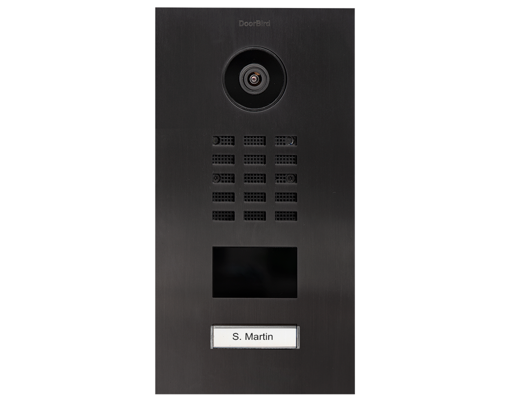 Titanium video door station front panel with camera, speaker grille, and nameplate