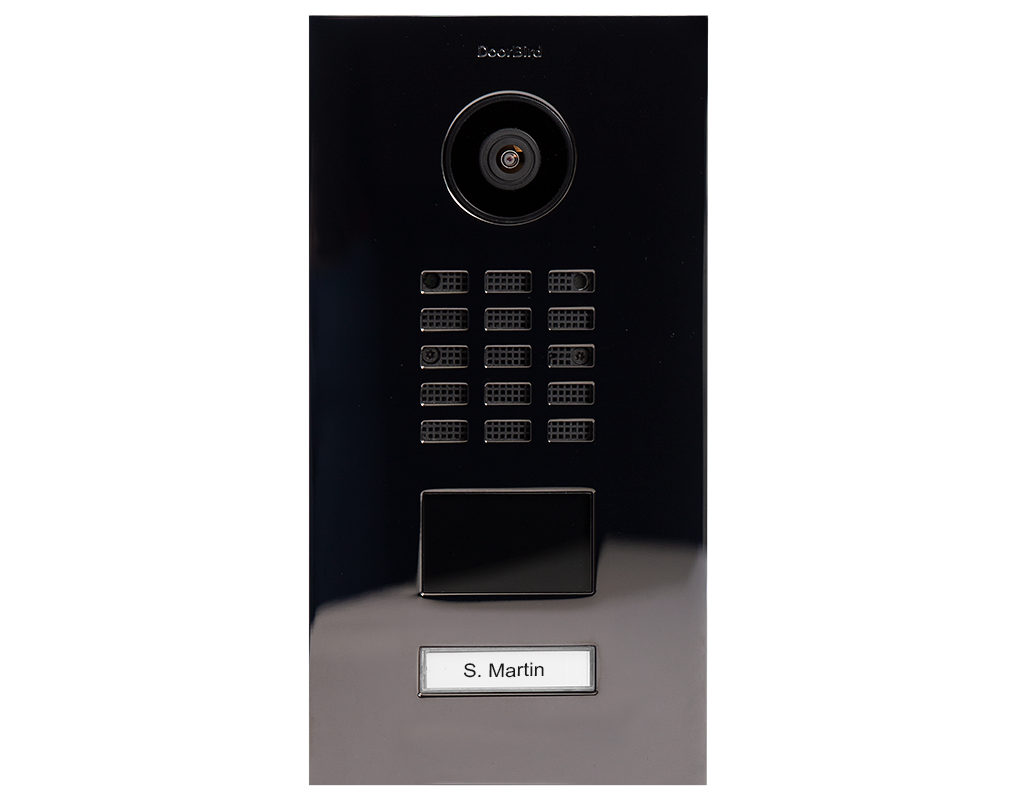 DoorBird titanium video door station with camera, keypad, and S. Martin nameplate