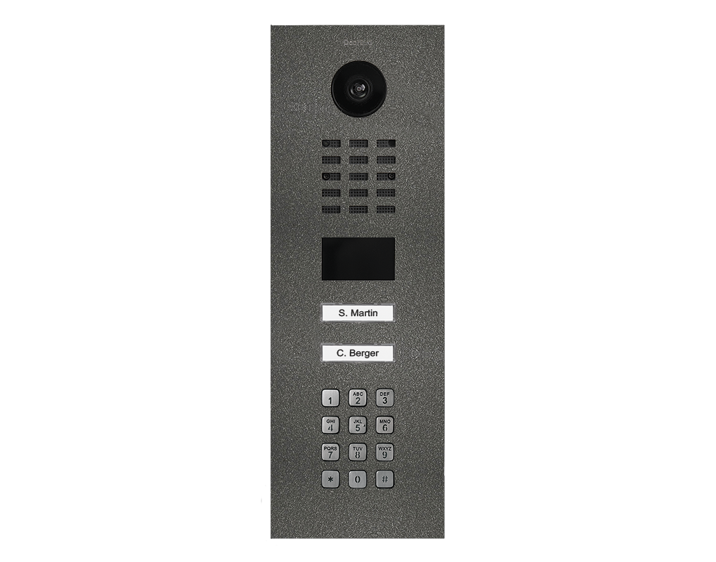 Stainless steel IP video door station with camera, keypad, and S. Martin/C. Berger buttons