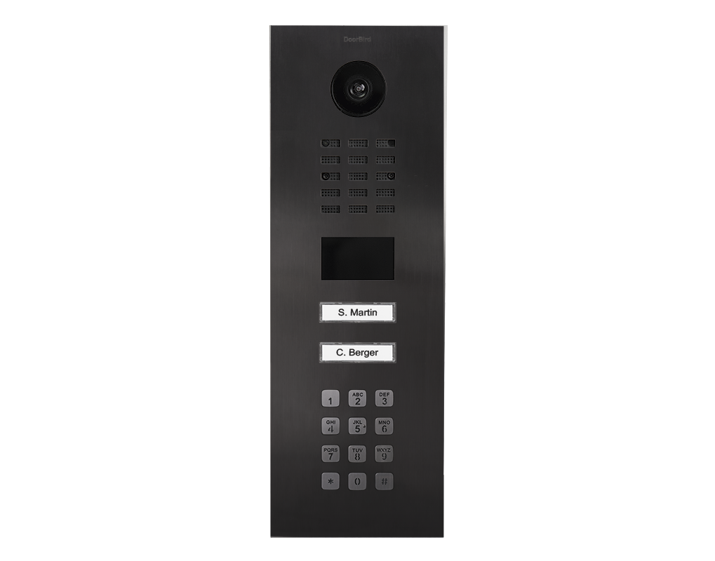 DoorBird IP video door station, titanium, front view with camera, name labels, keypad