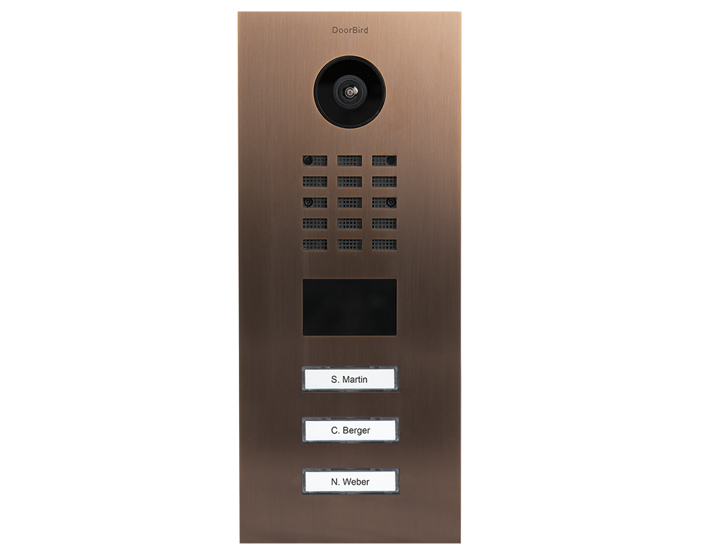 Bronze DoorBird IP video door station front panel with camera and three labeled call buttons