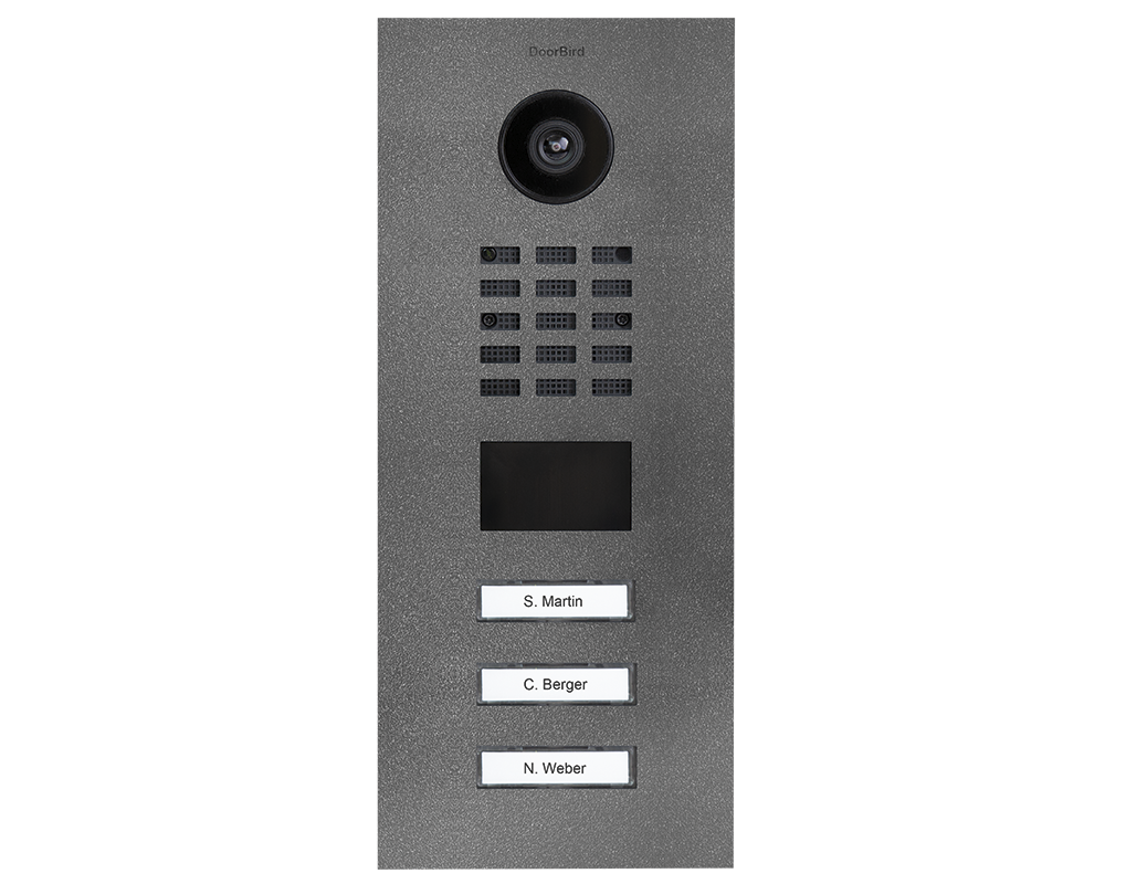 Stainless steel video door station with camera, button keypad, and 3 nameplates