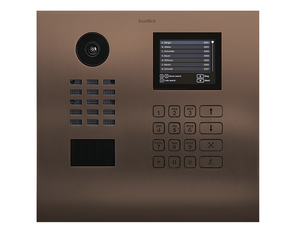 Bronze DoorBird IP video door station front view with camera lens, display, and numbered keypad