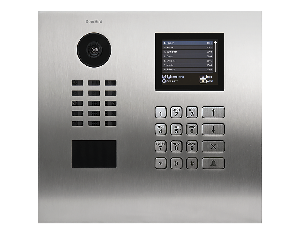 Front view of stainless steel DoorBird IP video door station with camera module and keypad