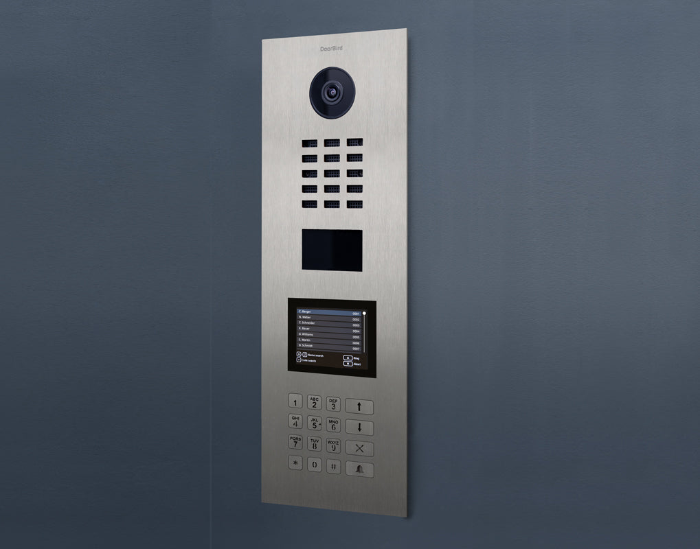 Stainless steel video door station panel with camera, keypad, and screen display