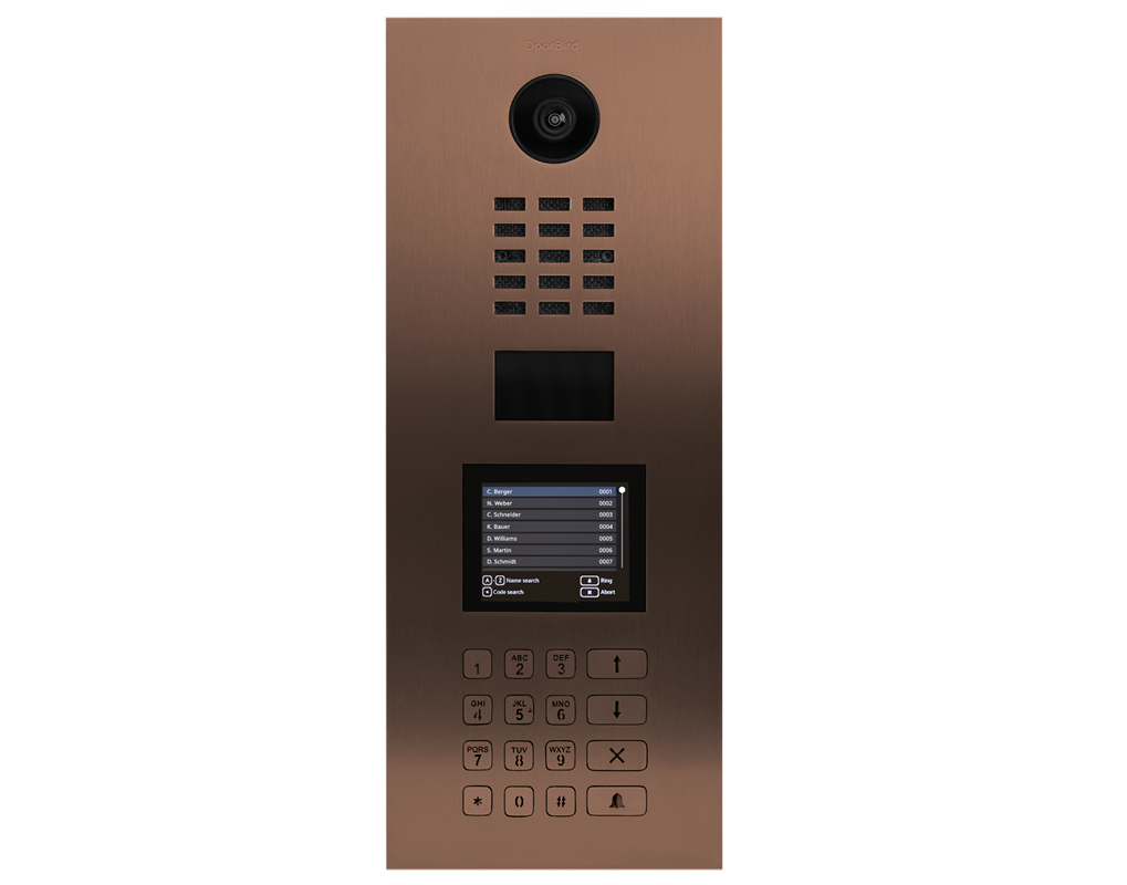 Bronze video door station panel with camera lens, keypad, and small display