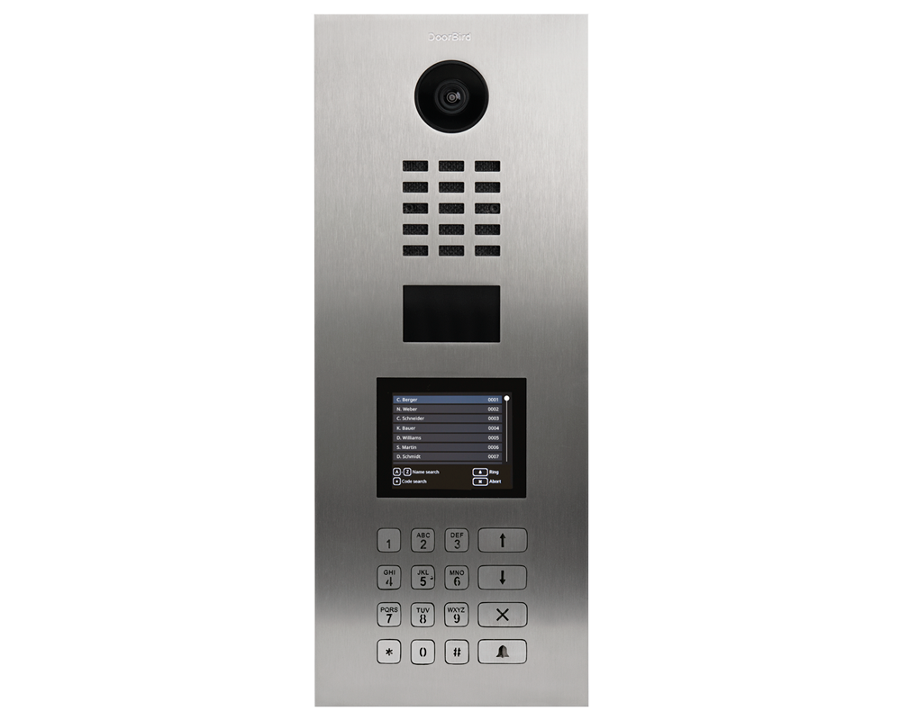 Stainless steel video door station with camera lens, call panel, and numeric keypad