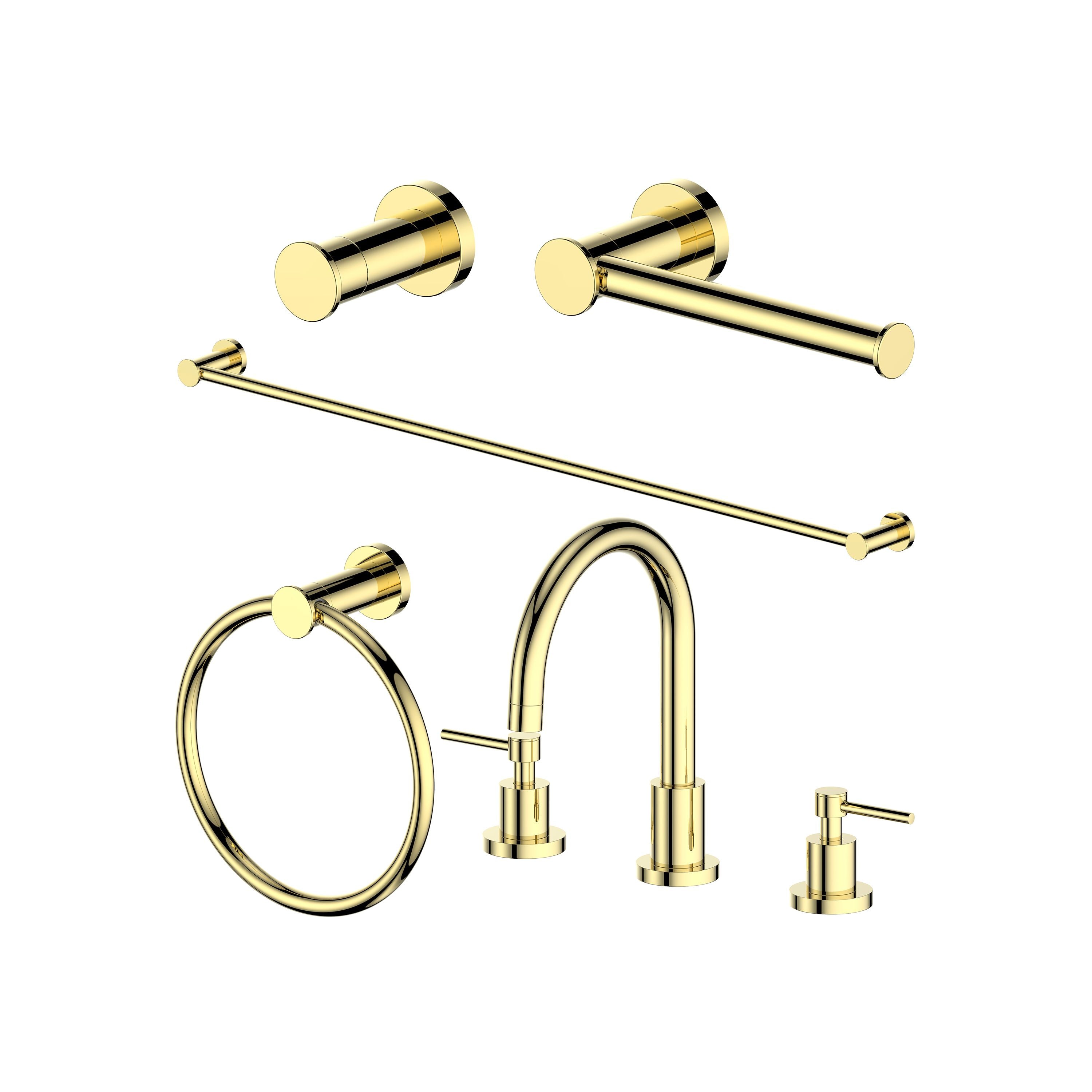 Polished gold bathroom accessory set with towel bar, faucet, towel ring, and hook