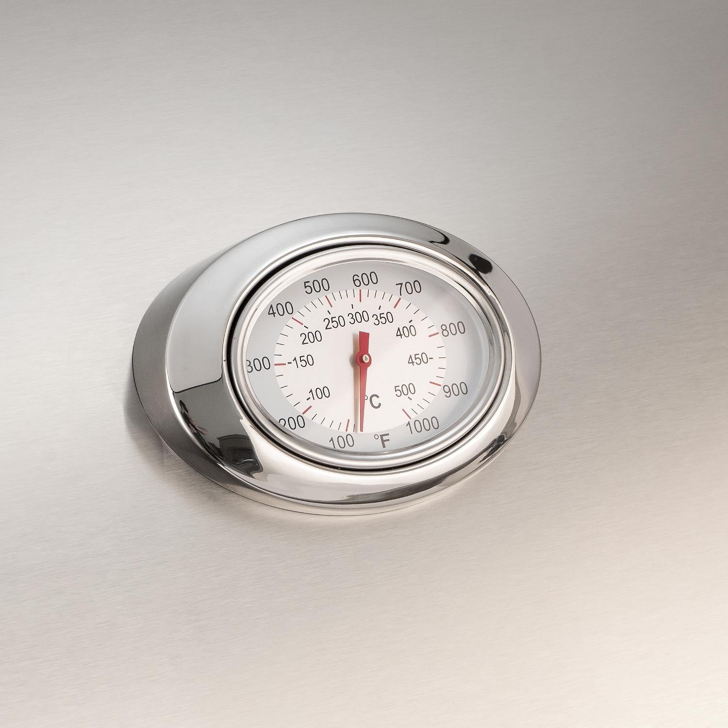 Analog grill thermometer with Fahrenheit temperature scale on stainless face